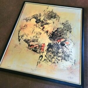 1960s Framed Vietnamese Lithograph Print Framed Village Landscape Art